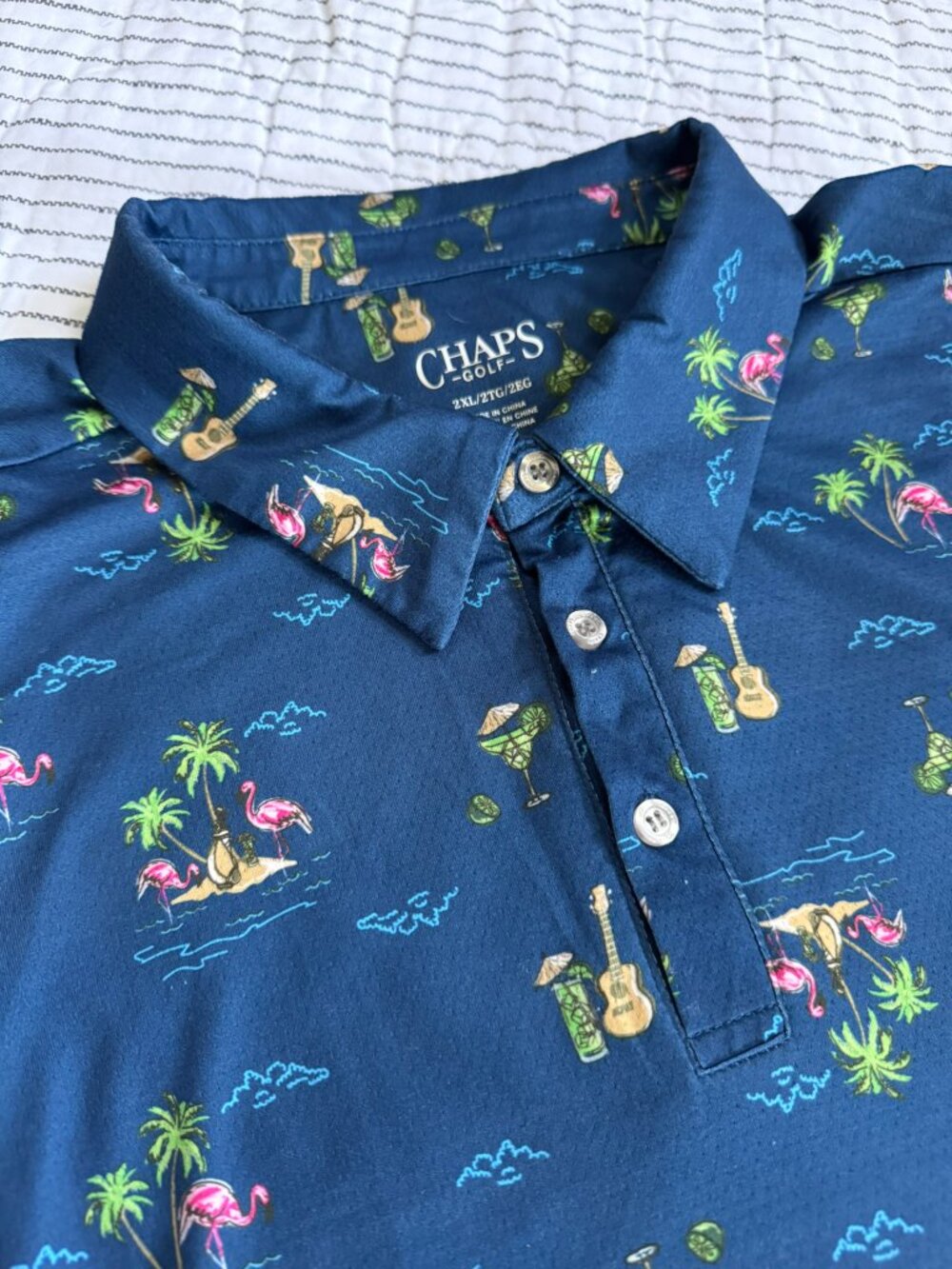 Chaps Golf Polo Mens 2XL Navy Flamingo Tropical Print Performance Stretch Shirt